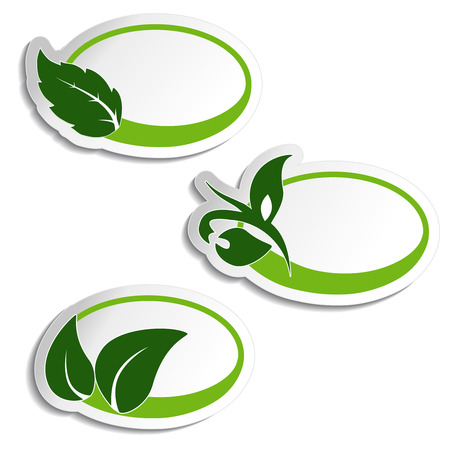 Vector natural symbols, nature bio icon with leaf and plant, oval sticker for eco product - illustrationのイラスト素材