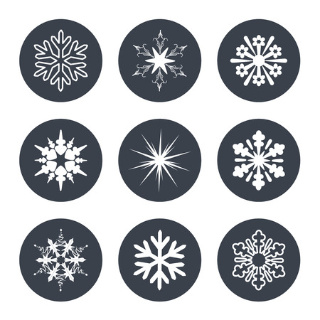 Vector set of white snowflakes on the dark circular background - illustrationのイラスト素材