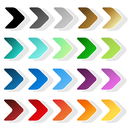 Vector arrow symbols. Black, grey, silver, dark, golden, cyan, turquoise, blue, green, purple, red, orange and yellow label. Simple arrow buttons. Pointer on web. Sign of next, read more, play, go etc. - illustrationのイラスト素材