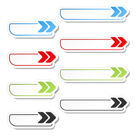 Vector arrow buttons. Black, green, blue and red arrows on the white simple stickers, rectangle with rounded corners. - illustrationのイラスト素材