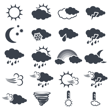 Vector set of various dark grey weather symbols, elements of forecast - icon of sun, cloud, rain, moon, snow, wind, whirlwind, rainbow, storm, tornado, thermometer - illustrationのイラスト素材