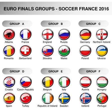 Vector Europe final groups, set flags of participants in year 2016. Soccer cup. Championship - football in France - group A, B, C, D, E, F, original design of glossy buttons - illustrationのイラスト素材