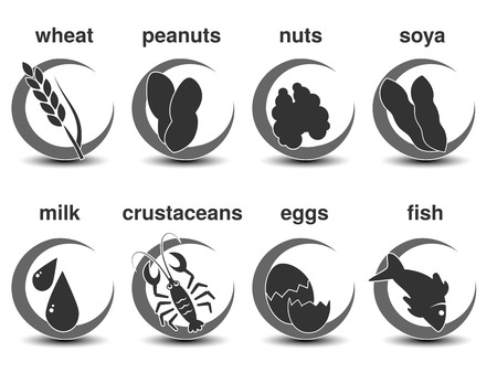 Vector set of dark grey circular symbols with the most common food allergies. Icon of wheat, peanuts, nuts, soya, milk, crustaceans, eggs, fish. - illustrationのイラスト素材