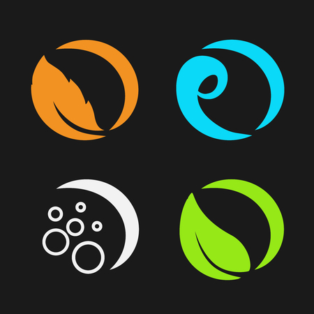 Vector four natural elements - fire, air, water, earth - nature circular symbols with flame, bubble air, wave water and leaf - illustrationのイラスト素材