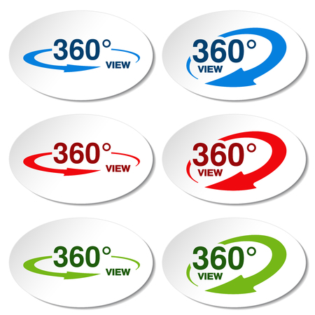 Vector white stickers for virtual tour, oval labels with blue, red, green arrow and with text 360 and view. - illustrationのイラスト素材