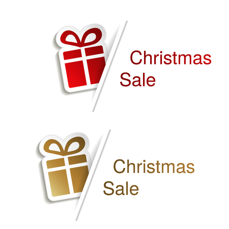 Vector red and golden Christmas gift with label for advertising text on the white background, stickers with shadow - illustrationのイラスト素材