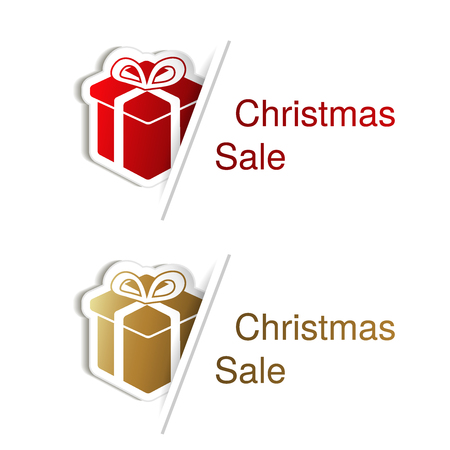 Vector red and golden Christmas gift with label for advertising text on the white background, stickers with shadow - illustrationのイラスト素材