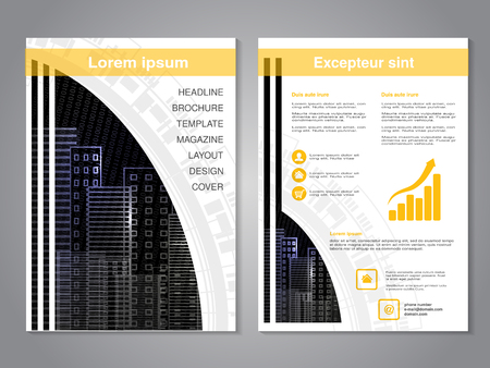 Vector modern brochure. Abstract flyer with background of Illuminated skyscrapers, buildings. Layout template. Aspect Ratio for A4 size. Poster of blue, grey and white color. Magazine cover. - illustrationの写真素材