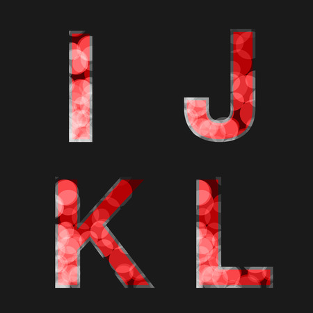 Vector red font illuminated with reflection effect on black background - set 3. Capital initial letter I, J, K, L, for monograms and logos. Glittering style alphabet. - illustrationの写真素材