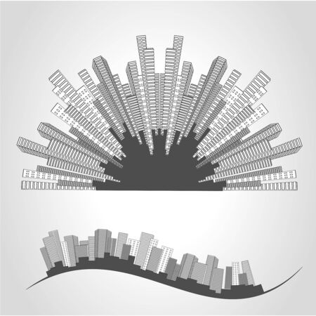 Vector city scene. Cityscape. Silhouette of skyscrapers on a white background. Monochrome buildings. Round design. - illustrationの写真素材