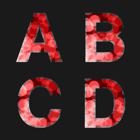 Vector red font illuminated with reflection effect on black background - set 1. Capital initial letter A, B, C, D for monograms and logos. Glittering style alphabet. - illustrationの写真素材