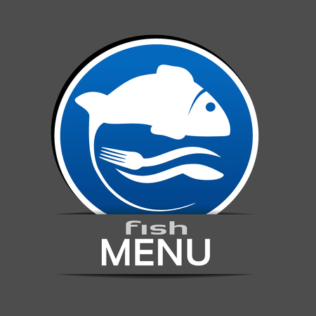Vector blue label with fish silhouette, knife, fork for menu design. Seafood circular symbols on grey background for menu restaurant. - illustrationのイラスト素材