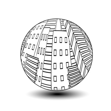 Vector city scene in the globe. Cityscape. Silhouette of skyscrapers. Monochrome buildings. Round design. - illustrationのイラスト素材