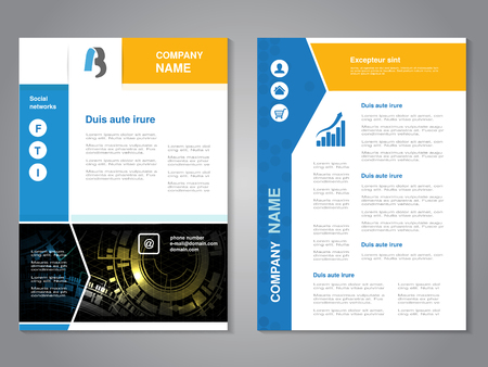 Vector modern brochure with blue yellow design, abstract flyer with technology background. Layout template. Poster with arrow design, Magazine cover. - illustrationのイラスト素材