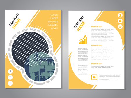 Vector modern brochure, abstract flyer with background of buildings. City scene in the circle. Layout template. Poster of grey, yellow and white color. Magazine cover. - illustrationのイラスト素材