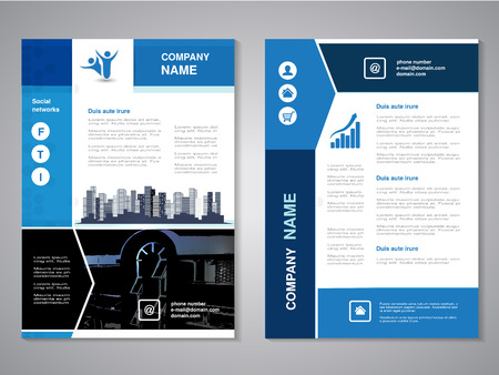 Vector modern brochure, abstract flyer with background of buildings. City scene. Layout template. Aspect Ratio for A4 size. Poster of blue, grey, black and white color. Magazine cover. - illustrationのイラスト素材