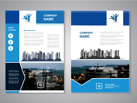 Vector modern brochure, abstract flyer with background of buildings. City scene. Layout template. Aspect Ratio for A4 size. Poster of blue, grey, black and white color. Magazine cover. - illustrationのイラスト素材