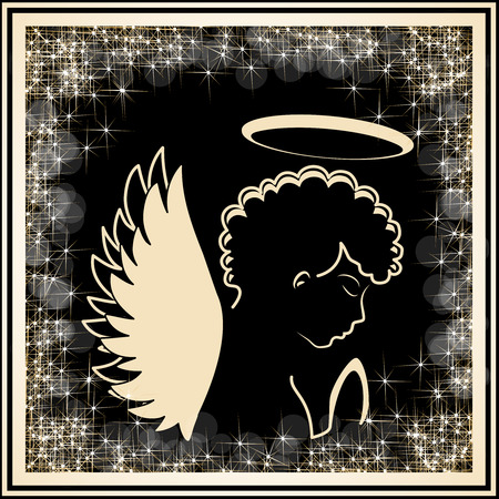 Vector golden angel silhouette in the golden frame with stars glitter. Religious symbol. - illustrationのイラスト素材