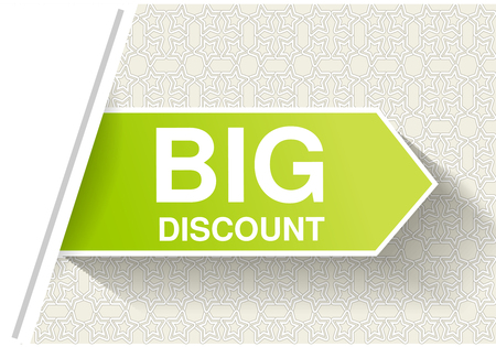 Vector green advertising labels. Arrow stickers inserted under the white paper page. Offer - Big discount on the ornamental background - illustrationのイラスト素材