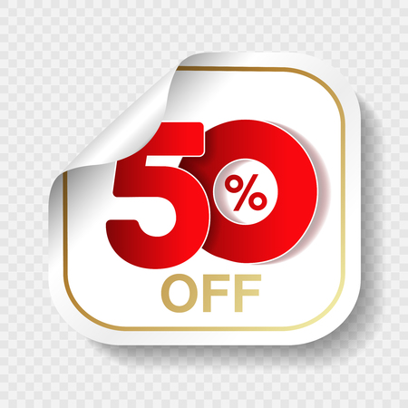 Vector special sale offer. White tag with red 50 off. Discount offer price label. Square sticker, coupon. - illustrationのイラスト素材