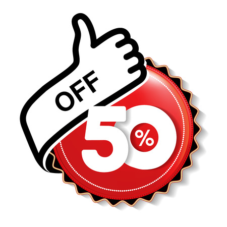 Vector special sale offer. Red tag with best choice. Discount offer price label with hand gesture.のイラスト素材