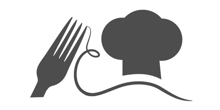 Vector fork with spaghetti and cook's hat with a mustache. Black symbol for restaurant menu.のイラスト素材