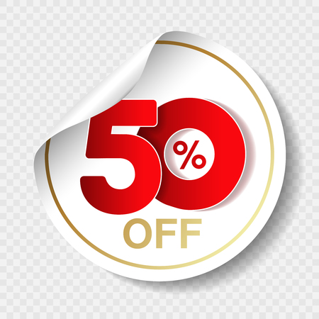 Vector special sale offer. White tag with red 50 off. Discount offer price label. Circular sticker, coupon.のイラスト素材