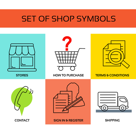 Vector shop symbols, navigation - stores, how to purchase, terms and conditions, contact us, sign in and register, shipping.のイラスト素材