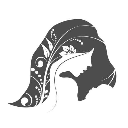 Vector Happy Mother's Day. Greeting card with woman silhouette and baby silhouette. Floral background.のイラスト素材