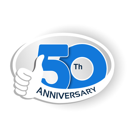 Vector 50 years anniversary, blue number with silver ribbon - thumb up, hand gesture, symbol of best choice.のイラスト素材
