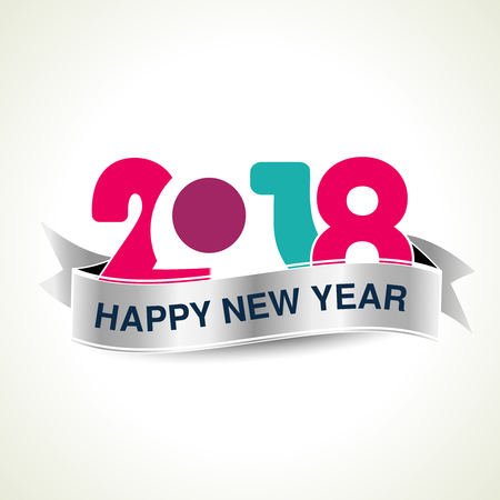 Vector 2018 Happy New Year background with silver ribbon. Season greetings. Colorful modern design. - illustrationのイラスト素材