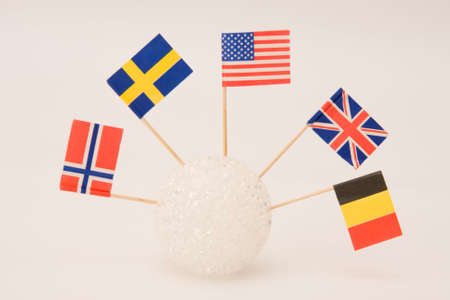 American and Europian flags on light tone backgroundの写真素材