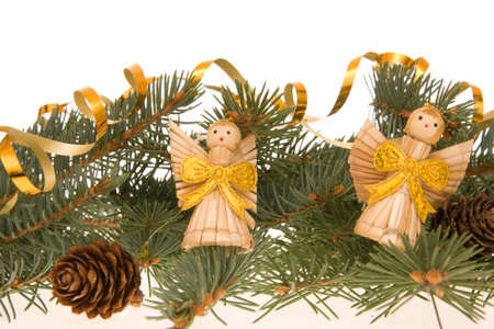 traditional Christmas decoration on spruce, with copy space の写真素材