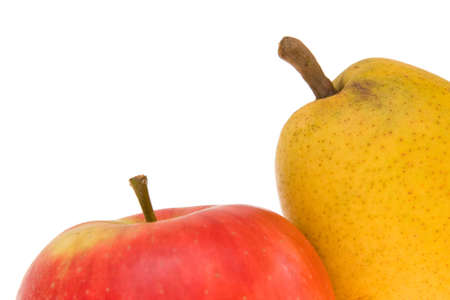 red apple and yellow pear isolated on white, macroの写真素材
