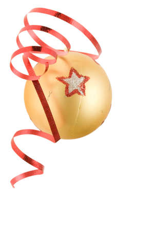 Christmas bauble and dancing ribbon isolated on whiteの写真素材