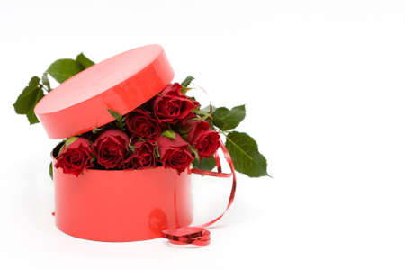 red roses in gift box, on white backgroundの写真素材