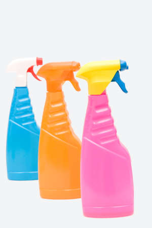 multipurpose cleaners in colorful bottle isolated on whiteの写真素材