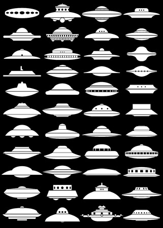 Vintage UFO Flying Saucer Shapes Silhouettes on black Backgroundのイラスト素材