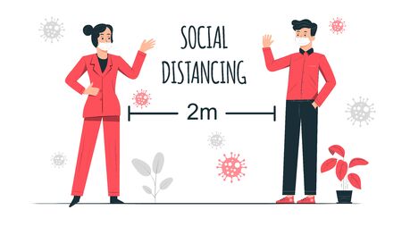 social distancing office web flat illustration backgroundのイラスト素材