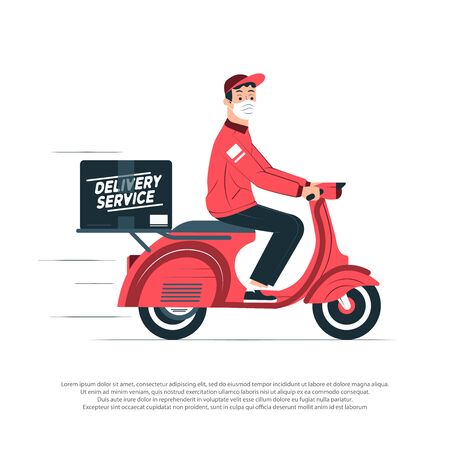 Poster concept for home delivery. Restaurant or supermarket delivering food at doorstep in quarantine. Sitting home and Order online food at anytime.Man with mask delivering food on bike.Food deliveryのイラスト素材