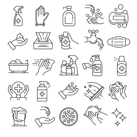 Sanitation icons set. Outline set of sanitation icons for web design isolated on white backgroundのイラスト素材