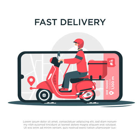 Scooter with delivery man flat vector cartoon character. Fast courier. Restaurant food service, mail delivery service, a postal employee the determination of geolocation using electronic deviceのイラスト素材