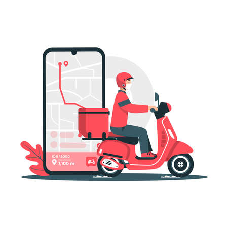 Scooter with delivery man flat vector cartoon character. Fast courier. Restaurant food service, mail delivery service, a postal employee the determination of geolocation using electronic deviceのイラスト素材