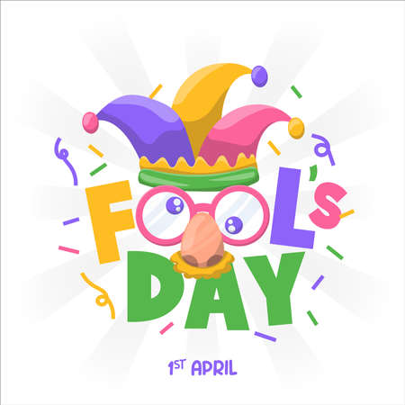 april fools day with jester hat and glasses style cartoon white background is very good for greeting cards, sales, promos, flyers, posters, backgrounds, web or social media etc.のイラスト素材