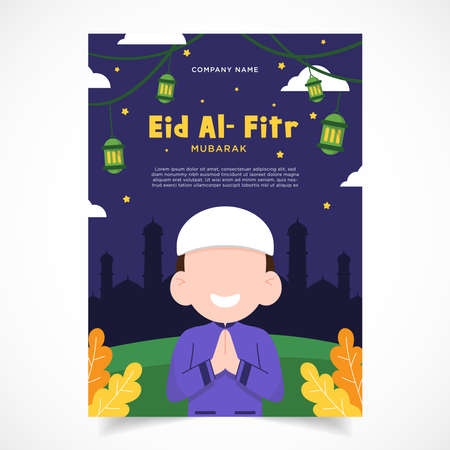 Flat Happy Al - Fitr - Eid Mubarak Brochure vector design illustrationのイラスト素材