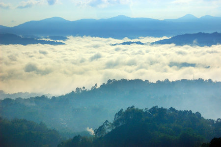 Beautiful misty morning view from Batutumonga, Toraja, Indonesiaの写真素材