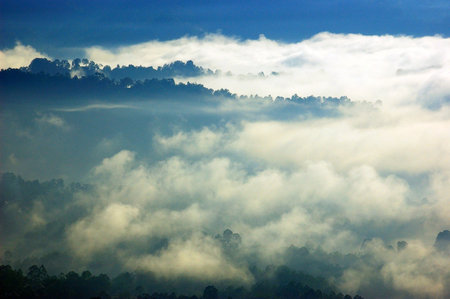 Beautiful misty morning view from Batutumonga, Toraja, Indonesiaの写真素材