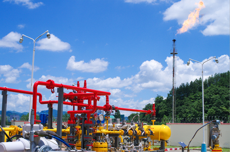Oil gas pipeline on fireのeditorial素材