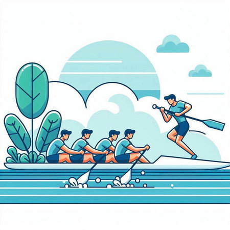 People rowing on the river in the summer, vector illustration.のイラスト素材