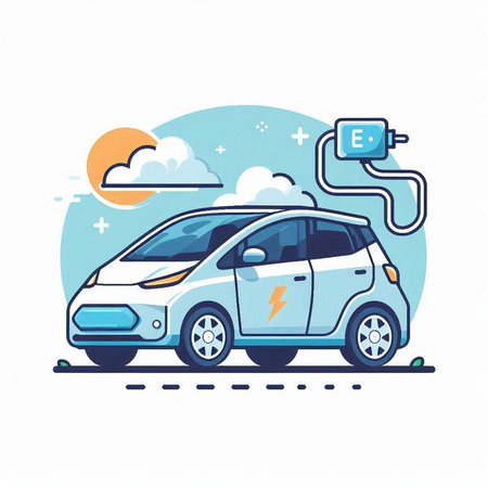 Electric car. Electric vehicle charging station. Vector illustration in flat styleのイラスト素材